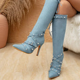 Denim Rivet Belt Buckle Knee-High Boots
